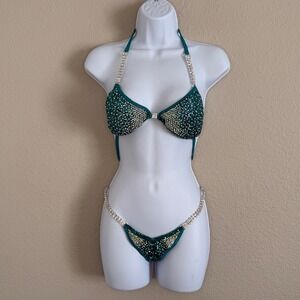 Angel Competition Bikinis Medium Teal Rhinestone Stage Suit Bodybuilding Jewelry